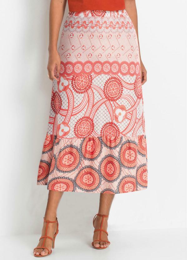 Saia Midi com Recortes Estampada (Madalas Laranja) Saia Midi com Recortes Estampada (Madalas Laranja)
