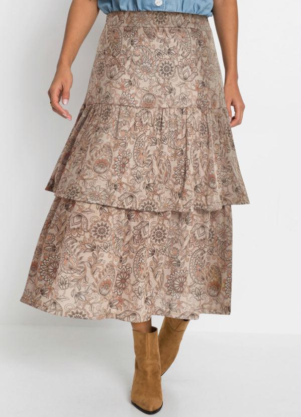 Saia Midi com Recortes (Floral Bege)