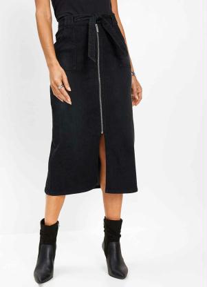 Saia Midi Jeans com Z�per e Fenda (Preta)