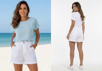 Short Branco com Bolsos e El�stico na Cintura