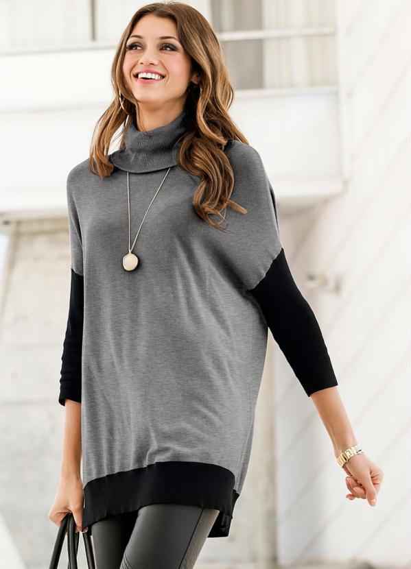 Su�ter de Tric� Gola Alta (Preto e Cinza Mescla)
