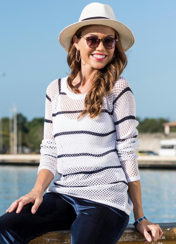 Su�ter de Tric� Listrado (Branco/Azul)