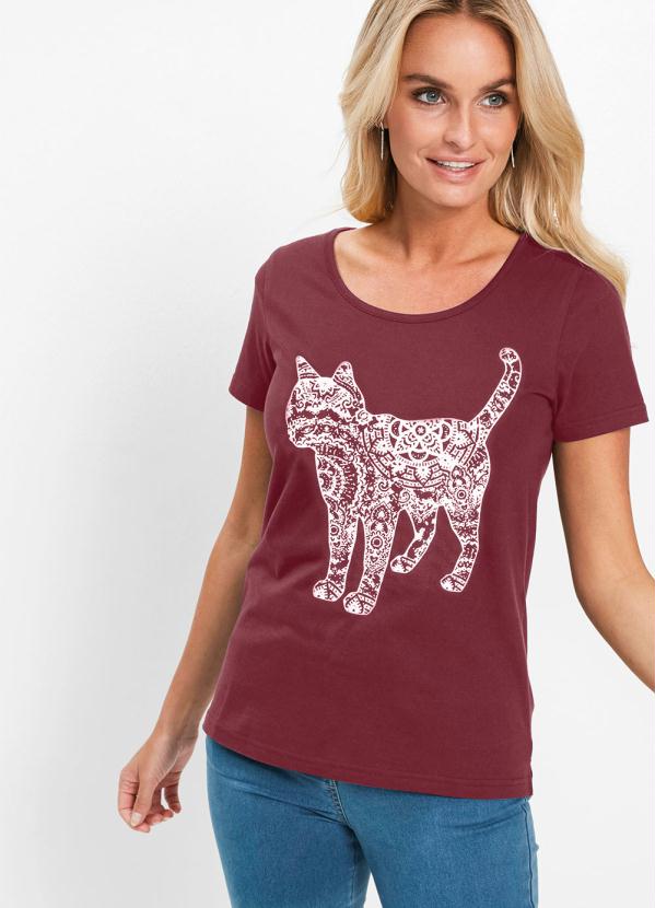 T-Shirt Manga Curta Gato Estampado (Bord�)