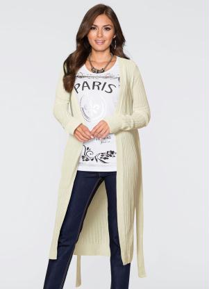 Cardigan de Tric� Alongado com Faixa (Off White)