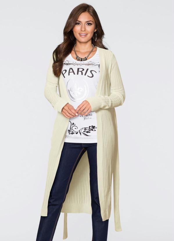 Cardigan de Tric� Alongado com Faixa (Off White)