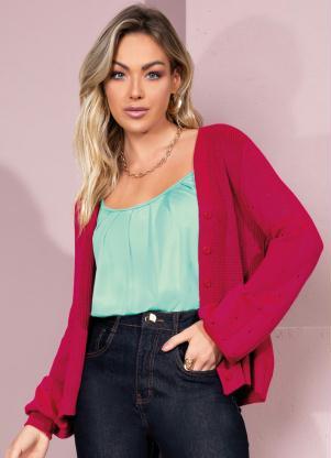 Cardigan em Tricô (Pink) com Mangas Bufantes Cardigan em Tricô (Pink) com Mangas Bufantes