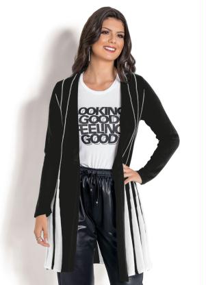 Casaco em Tric� Alongado Lorena (Preta/Branca)