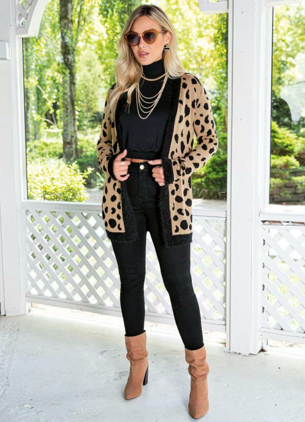 Casaco em Tric� Animal Print (Marrom e Preto)