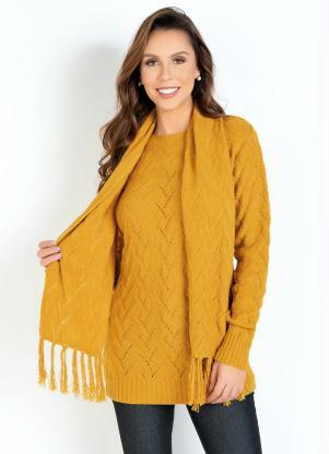 Casaco em Tricô com Cachecol (Marrom) Casaco em Tricô com Cachecol (Marrom)