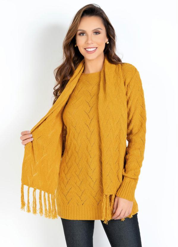 Casaco em Tricô com Cachecol (Marrom) Casaco em Tricô com Cachecol (Marrom)