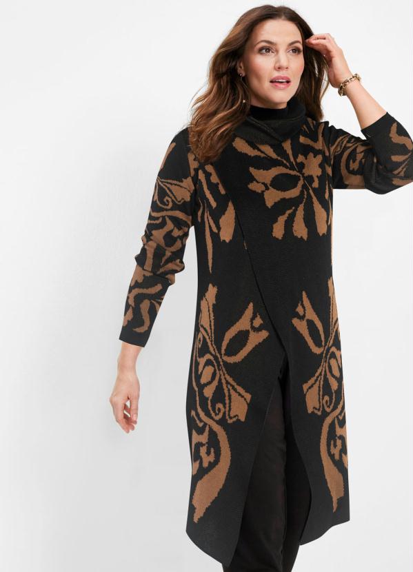 Poncho de Tric� Transpassado (Marrom/Preto)