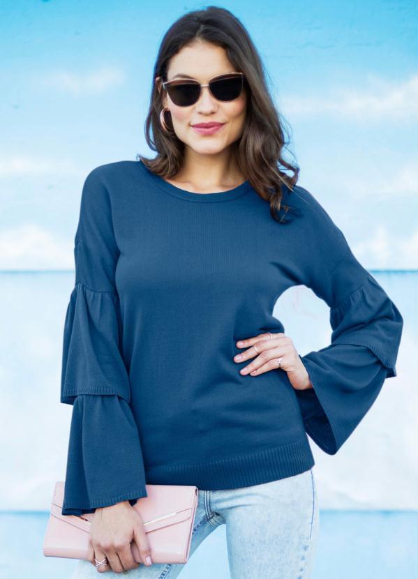 Suéter de Tricô Manga Sino (Azul) Suéter de Tricô Manga Sino (Azul)