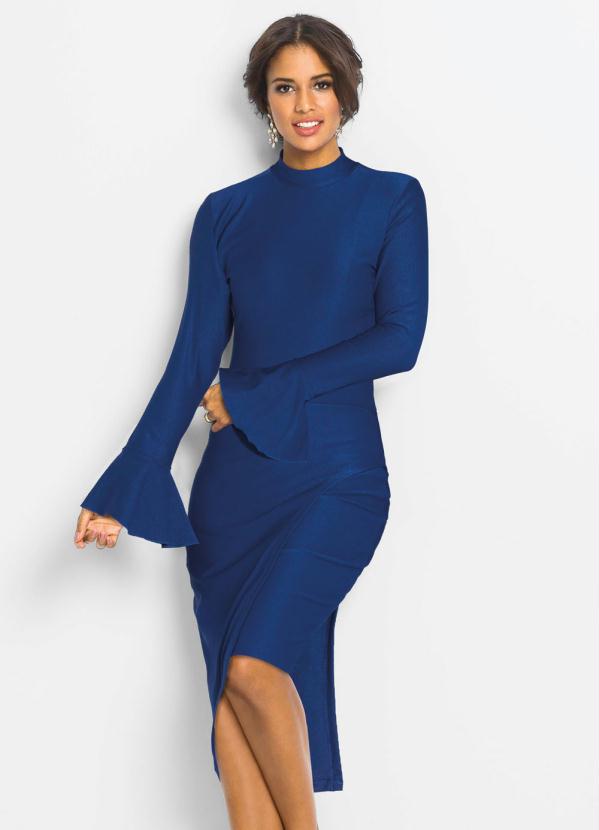 Vestido Assim�trico com Babados (Azul Royal)