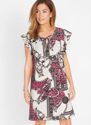 Vestido Babados nas Mangas Estampado (Len�o Rosa)