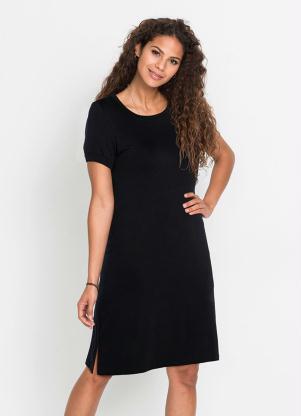 Vestido B�sico com Fenda e Manga Curta (Preto)