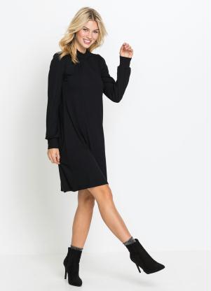 Vestido com Babado na Gola e Mangas Longas (Preta)