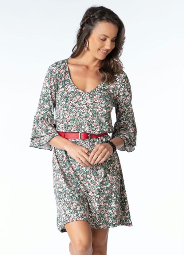 Vestido com Babado nas Mangas (Floral Verde)