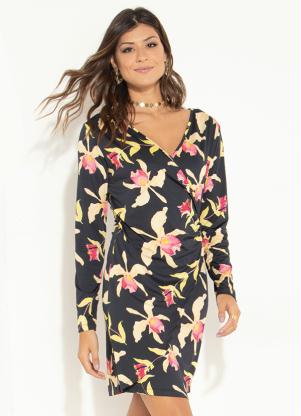 Vestido com Drapeado (Floral Preto)