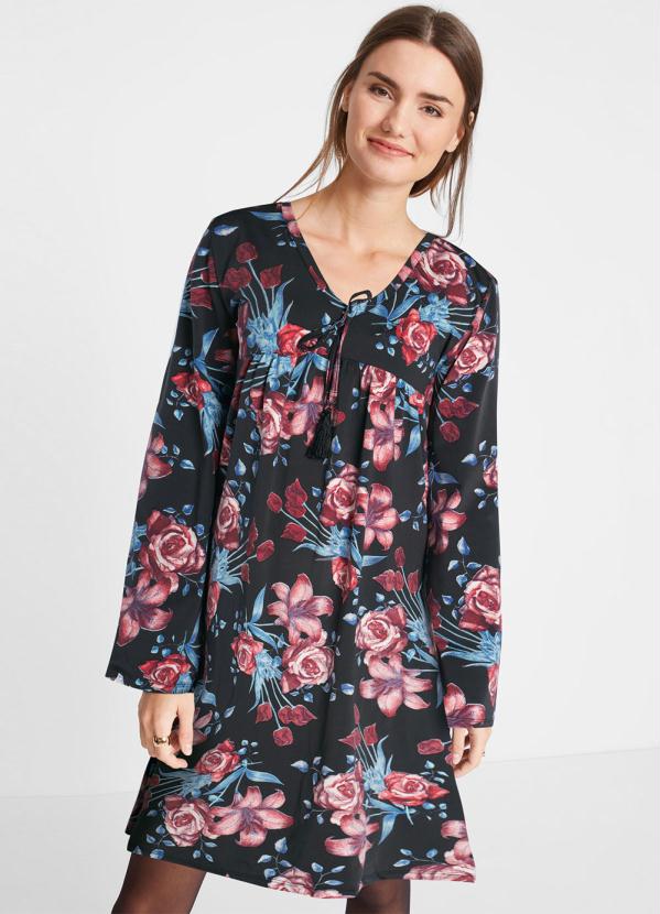 Vestido com Mangas Amplas (Estampado Preto)