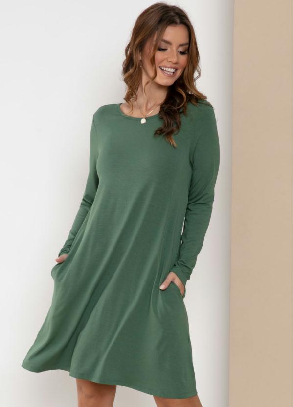 Vestido com Mangas Longas e Bolsos (Verde)
