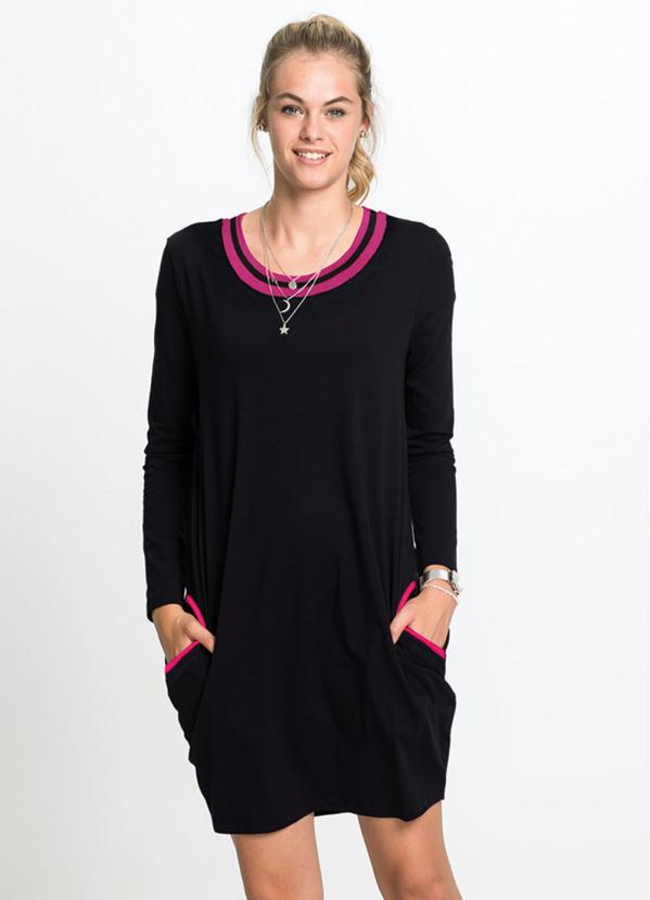 Vestido com Retil�nea e Bolsos (Rosa/Preta)