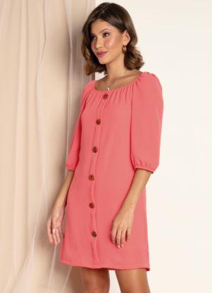 Vestido (Coral) Decote Quadrado e Mangas Bufantes
