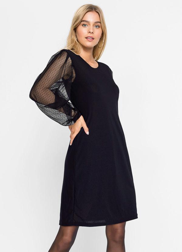 Vestido Crepe com Mangas em Tule Po� (Preto)