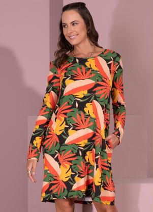 Vestido Curto com Bolsos (Folhagem Laranja) Vestido Curto com Bolsos (Folhagem Laranja)