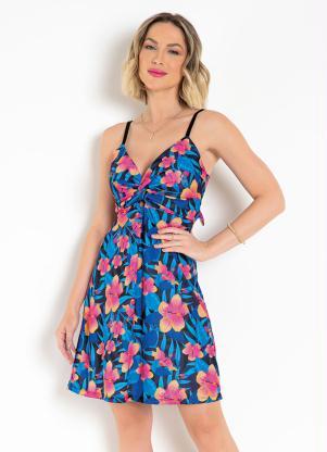 Vestido Curto (Floral Azul) com Amarra��o