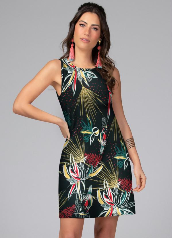 Vestido Curto Floral Preto sem Mangas - Quintess