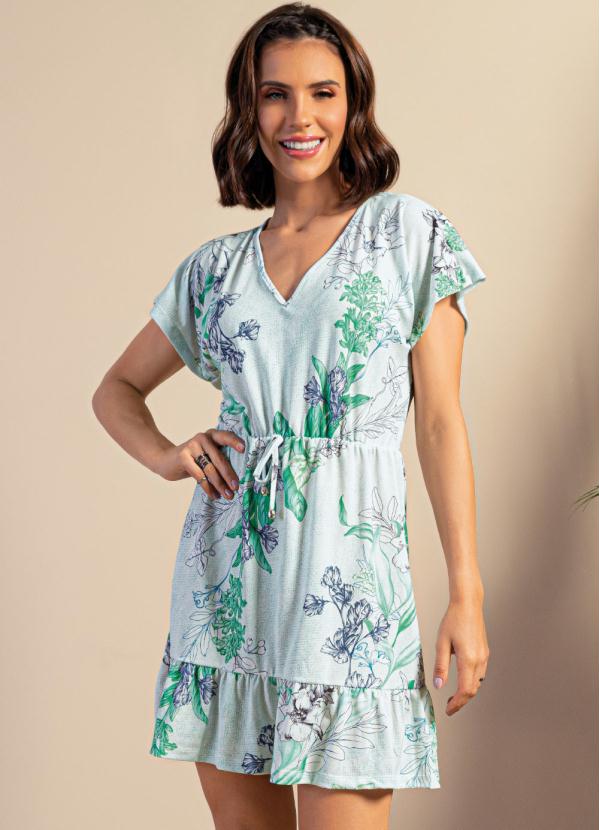 Vestido Curto (Floral Verde) com Amarra��o