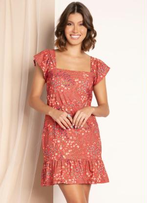 Vestido Curto (Floral Vermelho) Decote Quadrado