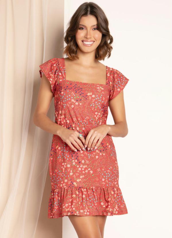 Vestido Curto (Floral Vermelho) Decote Quadrado