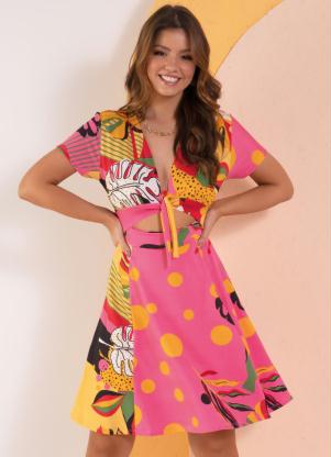 Vestido Curto (Folhagem Rosa) com Abertura e La�o