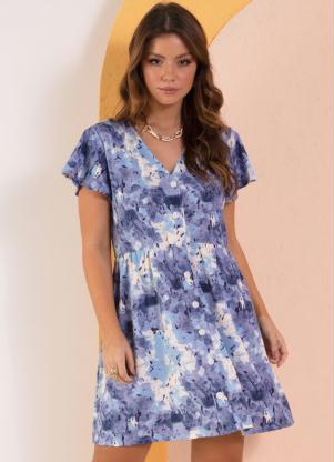 Vestido Curto (Manchas Azuis) com Botões Vestido Curto (Manchas Azuis) com Botões