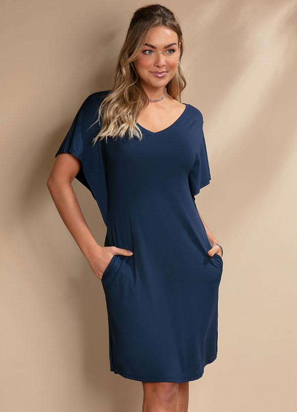 Vestido Curto (Marinho) Amplo e Mangas em Babados