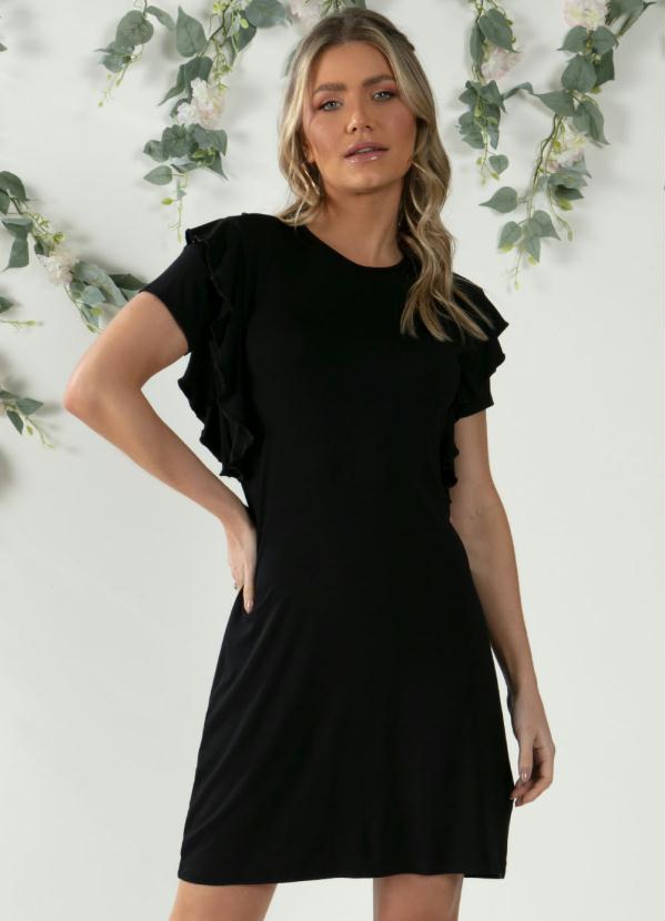 Vestido Curto (Preto) com Babados Aplicados Vestido Curto (Preto) com Babados Aplicados