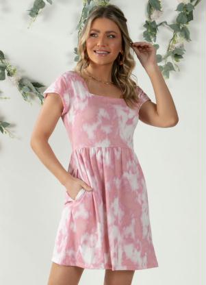 Vestido Curto (Tie Dye Rosa) com Mangas Evas�