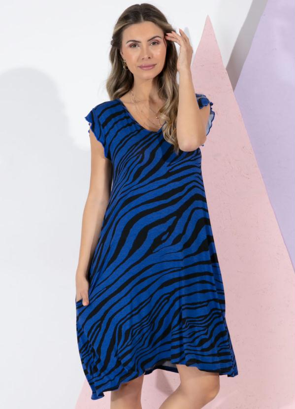 Vestido Curto (Tigre Azul) com Bolsos e Babados