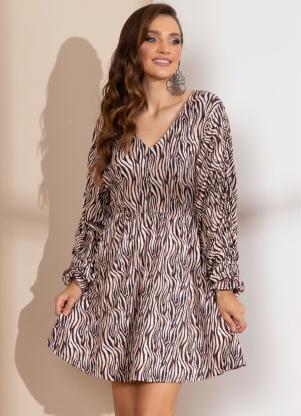 Vestido Curto (Tigre Bege) com Mangas Drapeadas Vestido Curto (Tigre Bege) com Mangas Drapeadas
