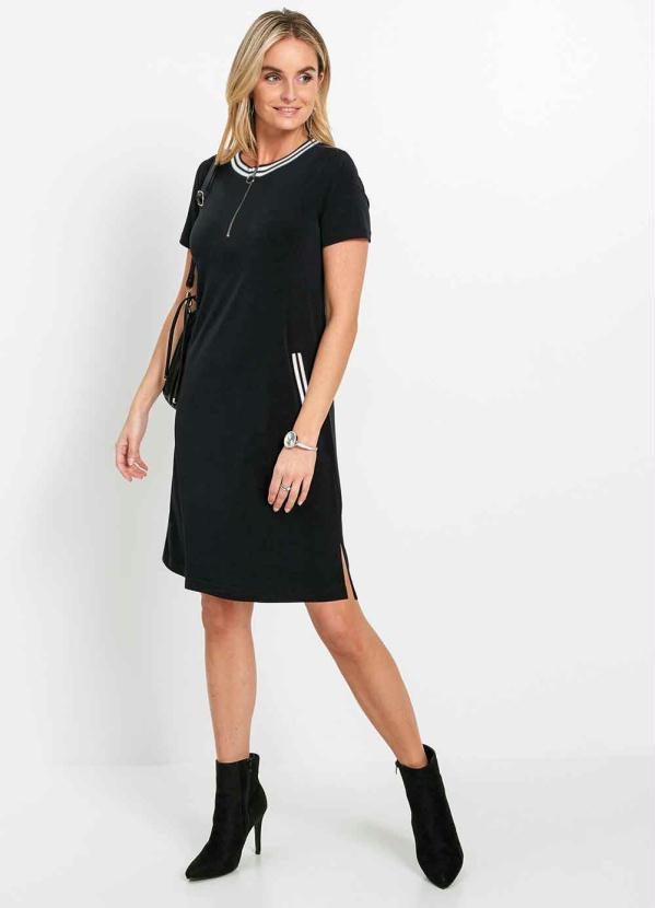 Vestido de Moletinho com Zíper Decote (Preto) Vestido de Moletinho com Zíper Decote (Preto)