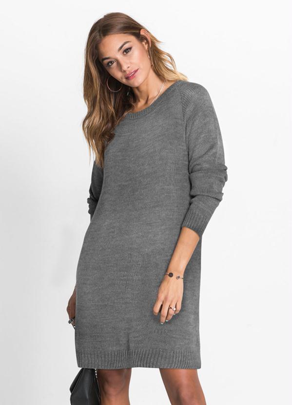 Vestido de Tric� Decote Canoa (Cinza Mescla)