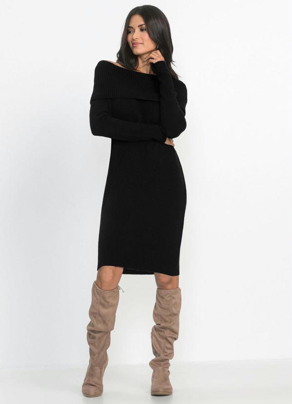 Vestido de Tricô Ombro a Ombro Preto - bonprix