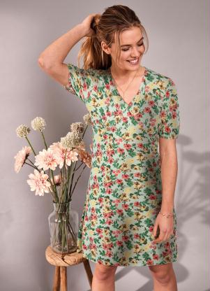 Vestido Decote V e Recorte Franzido (Floral Verde) Vestido Decote V e Recorte Franzido (Floral Verde)