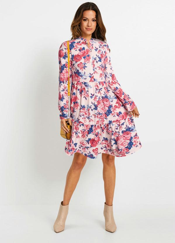 Vestido em Crepe Estampado (Floral Rosa)