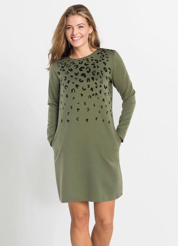 Vestido em Moletinho Animal Print (Verde)