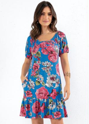 Vestido (Floral Azul) com Bolsos e Babados Vestido (Floral Azul) com Bolsos e Babados