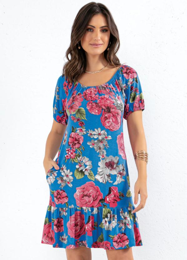 Vestido (Floral Azul) com Bolsos e Babados Vestido (Floral Azul) com Bolsos e Babados