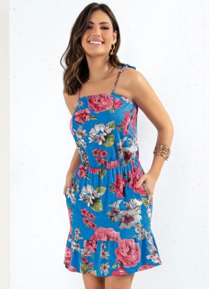 Vestido (Floral Azul) com Bolsos