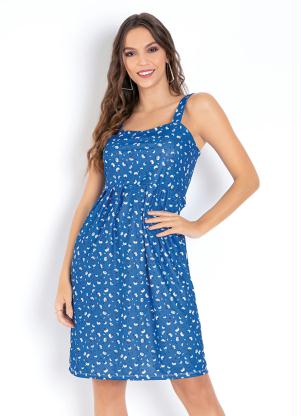 Vestido (Floral Azul) com Pregas e Al�as